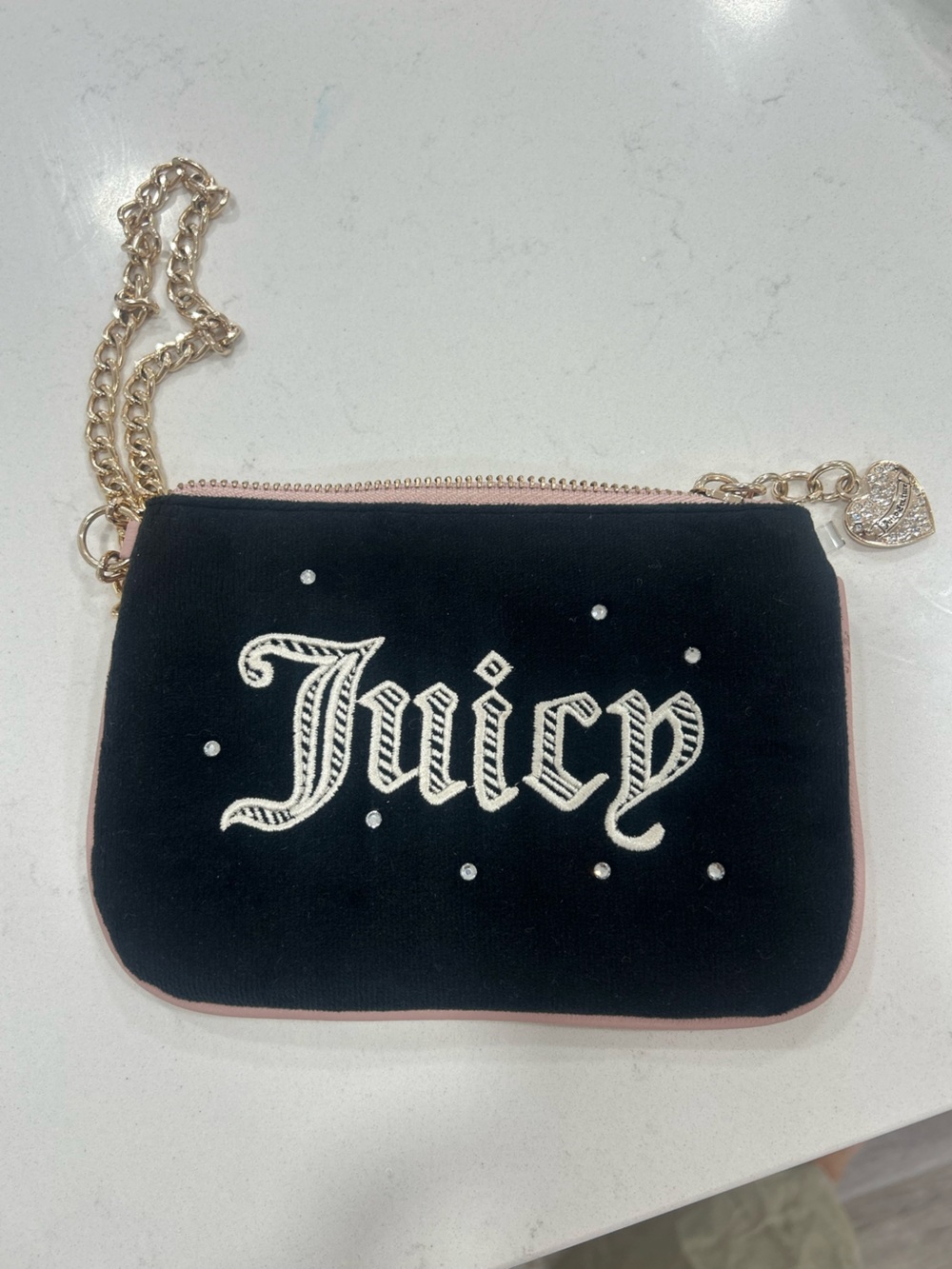 Juicy Couture Black Velvet Wristlet with Pink Trim & Gold Chain